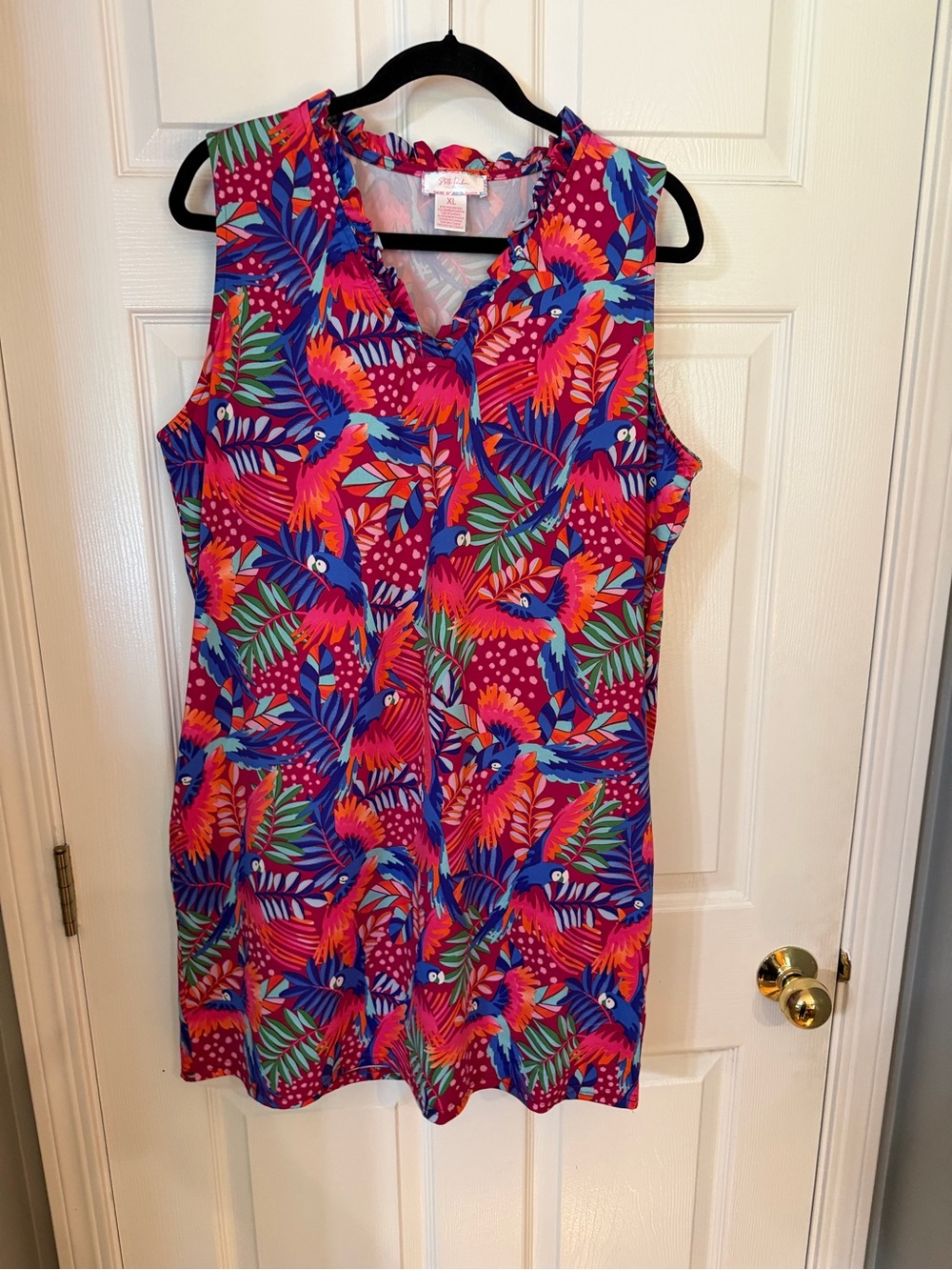 Tropical Sleeveless Shift Dress in Pink Orange & Blue with Pockets